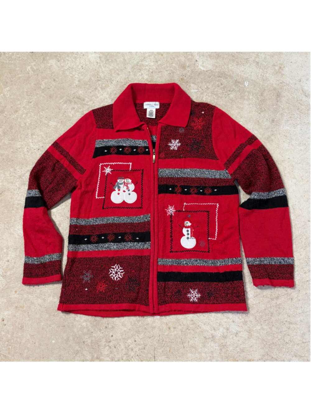 Retro Christmas Sweater Snowman Zip Up Jacket Women’s Medium Red Black Holiday